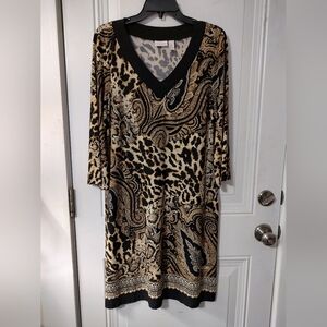 Chico's Black and Tan V-Neck Paisley & Animal Midi Dress